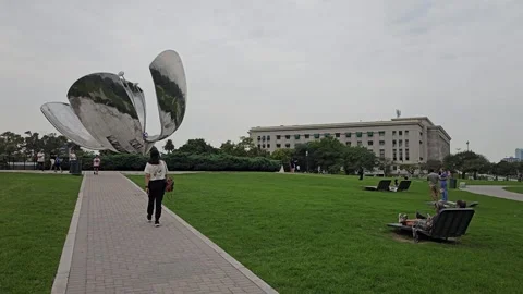 Walker on Brick Path Toward Giant Metal Flower Sculpture, Obelisco, Argentina 8K Video stock 306459994