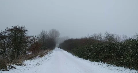 Walkers down a snow covered, shrub lined dike. The Netherlands fluvial landscape Stock Footage 102298014