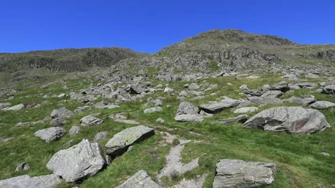 Walkers at the summit cairn of Red Screes fell, Lake District Stock Footage 136672445