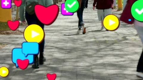 Walkers walking path while heart icons emerging lower-left, growing to obscure Stock Footage 332978692