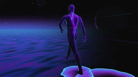 Walking Abstract Man with planets in the background Stock Footage 234355406