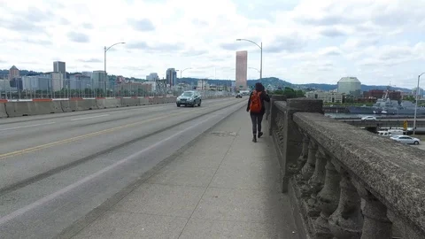 Walking Across Burnside Bridge with Bus and Traffic Stock Footage 92456232