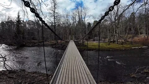 Walking across a suspension bridge through a forest, POV shot Stock Footage 337556314