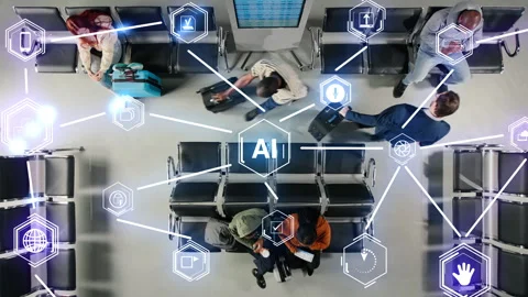 Walking, AI tech and airport monitoring passenger flow, VFX compositing Stock Footage 334936384