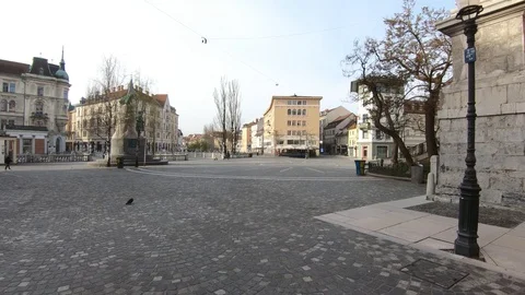 Walking on almost empty Preseren main square on workday Stock Footage 128080580