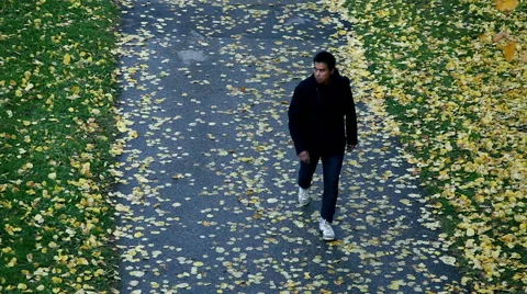 Walking alone on a street full of yellow leafs of autumn Stock Footage 45161004