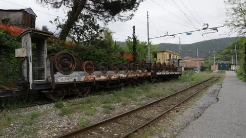 Walking along an abandoned old train 02 Stock Footage 106877685