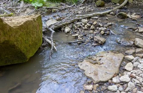 Walking along the bed of a mountain river with a visit to unexplored places a Stock Photos