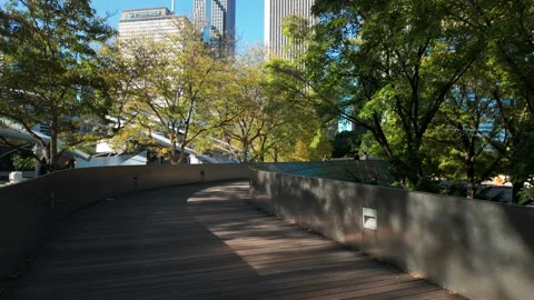 Walking along the BP Pedestrian Bridge in Chicago with a modern city high-rise 库存影片 318995233