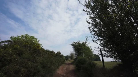 Walking along a countryside path with trees and blue clouds with white clouds Vídeo Stock 138756729