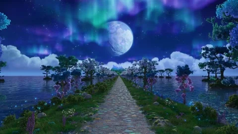 Walking along dreamlike sea path, aurora in the sky Stock Footage 339035943