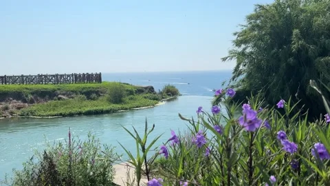 Walking Along Duden River Toward Waterfall Edge and Mediterranean Sea Stock Footage 344038261