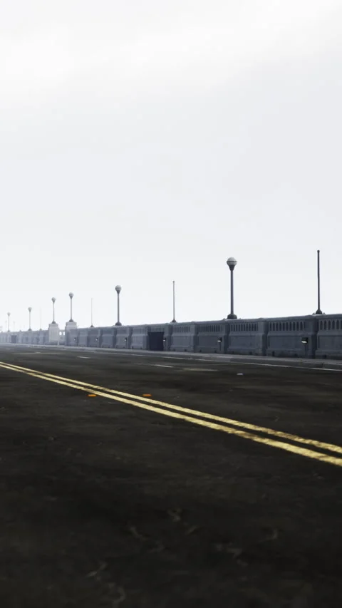 Walking along the empty road with street lights on a foggy day Stock Footage 337975712