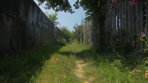 Walking along a green path lined with wooden fences, in Romania Stock Footage 231261467