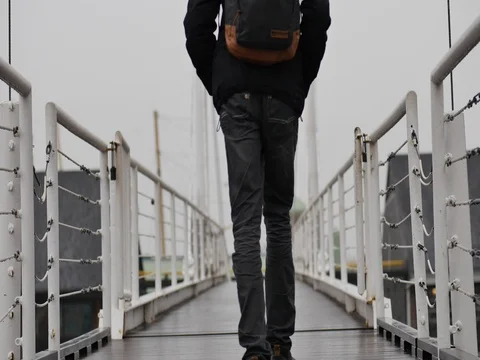 Walking Along a Marina Bridge Stock Footage 74603356