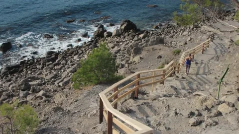 Walking along mountain path. Golitsyn trail, Crimea Video stock 167494750