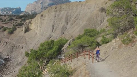 Walking along mountain path. Golitsyn trail, Crimea Video stock 167494751