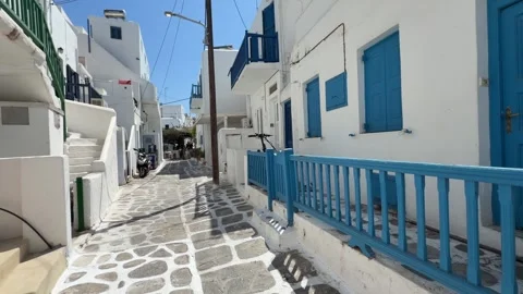 Walking Along Narrow Whitewashed Street Mykonos Greece Stock Footage 346732950