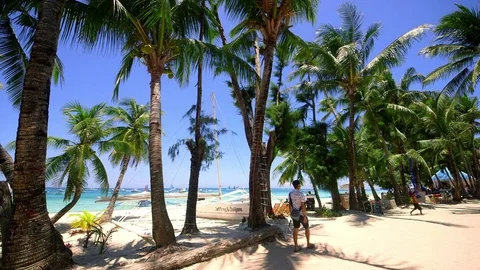 WALKING ALONG PALM TREE LINED BORACAY  PHILIPPINES Stock Footage 76834021