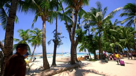WALKING ALONG PALM TREE LINED BORACAY  PHILIPPINES Stock Footage 76834046