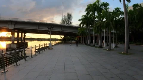 Walking Along Park during Sunrise/Sunset Stock Footage 156653584