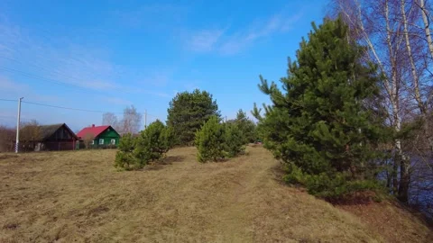Walking along a path by a river with trees and houses in the background on a sun Stock Footage 340171100