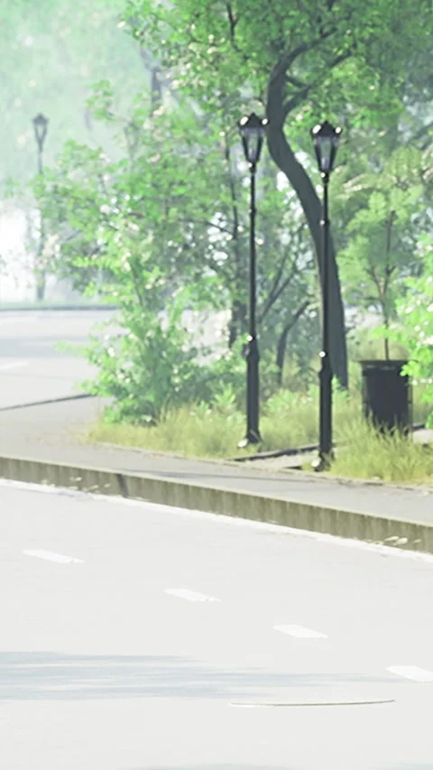 Walking along a quiet path with trees and streetlights near a road Stock Footage 336175314