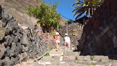 Walking along stony path up to the mountain between houses in a mountain village Stock Footage 234784410