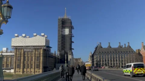 Walking Along Westminster Bridge Towards Big Ben And Elizabeth Tower Stock Footage 145145709
