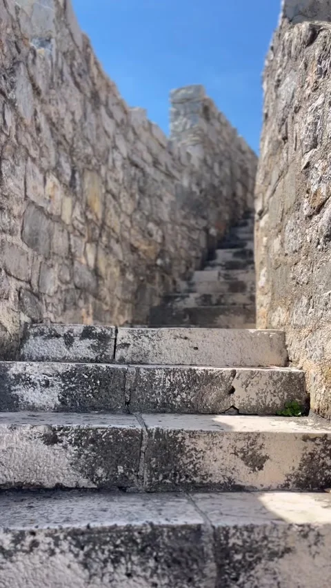 Walking Up Ancient Stone Stairs to Citadel Walls in Budva Montenegro 4K 스톡 동영상 341699309