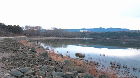 Walking and bike path along the beautiful Lake.Footpath Along the Pond. Stock Footage 129822484