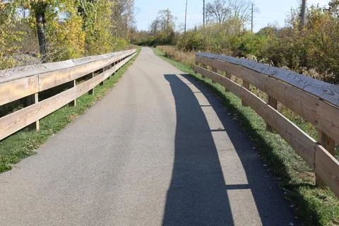 Walking and biking path through nature park with shadows Photos