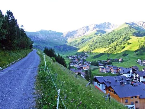 Walking and hiking trails over the Malbuntal alpine valley and in the Alps Stock Photos