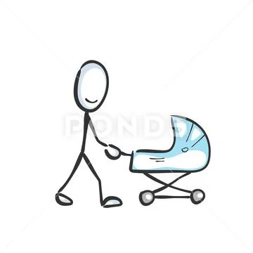 Walking with baby pram buggy. Child in stroller. Hand drawn. Stickman cartoon Stock Illustrationen