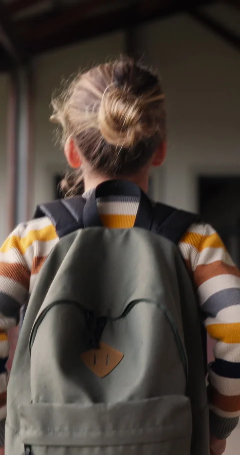 Walking, back or child with backpack in school for curriculum, academic Stock Footage 335906814