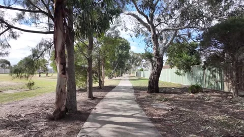 Walking backward along a footpath in a public park at the suburb of Australia. Vídeo Stock 295330679