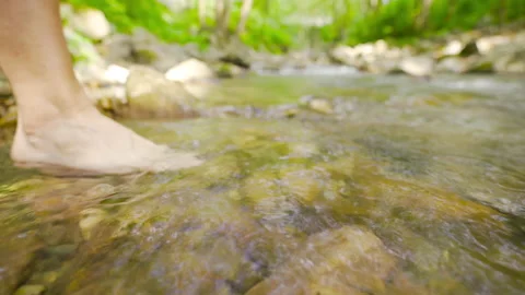 Walking barefoot in a flowing stream. Stock-Footage 212418815