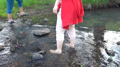 Walking barefoot on the stream. Pebbles hurt feet. Stock Footage 277450215