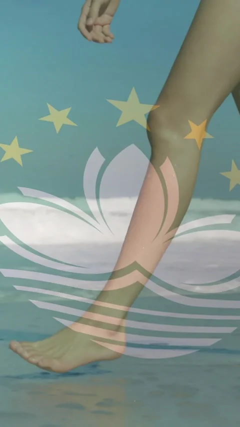 Walking on beach, animation of Macau flag over waves Stock Footage 320150686