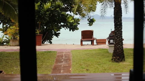 Walking to beach with palm trees and blue sea, vacation in Thailand Stock Footage 215910186