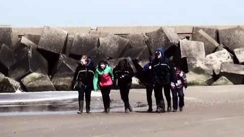 Walking on the beach in strong wind Stock Footage 84327600
