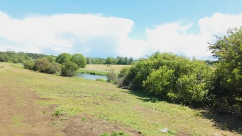 Walking from behind the bushes toward the river Nene Stock Footage 337493830