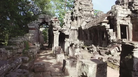 Walking in between Ankor Temple in cambodia, antique and historic sight Stock Footage 145298171