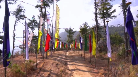 Walking between the colorful flags in Thimphu, Bhutan Stock Footage 236004472