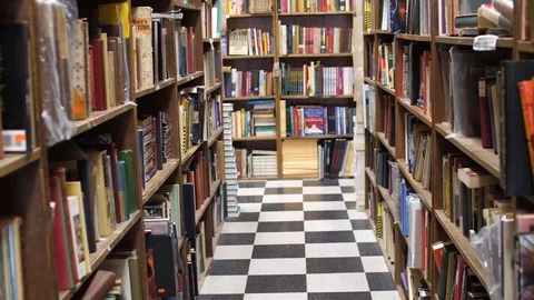 Walking Between Old Book Shelves Filled with Book in Slow Motion 4K Stock Footage 79022656