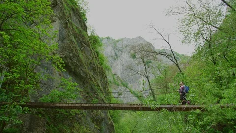 Walking on a bridge across a valley Stock Footage 99962408