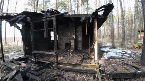 Walking-into-burned-abandoned-cabin-forest-005 Stock Footage 330763068