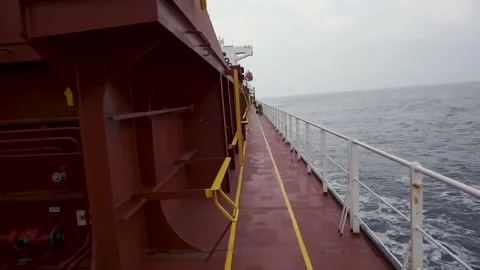 Walking on Cargo Ship deck and view of ship accomodation Stock Footage 235812435