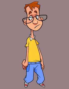 Walking cartoon red haired sad boy with glasses Stock Illustration