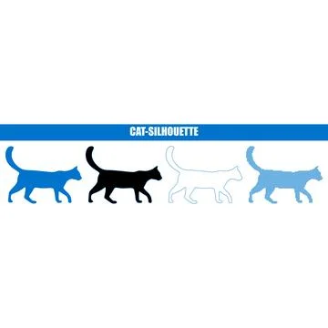 Walking cat silhouette variations in blue and black with outline and patter.. Stock Illustration